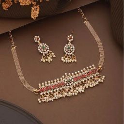 Saraf RS Jewellery Gold Plated Jadau Studded Pearl Beaded Multicolor Choker Jewellery Set-image-12