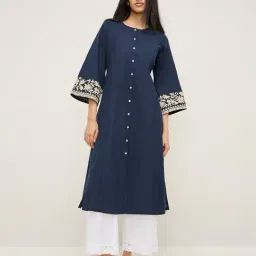 Utsa by Westside Navy Floral Embroidered Cotton Blend A-Line Kurta-image-34