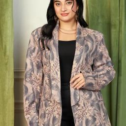 CURVE BY KASSUALLY Peach & Grey Printed Blazer-image-83