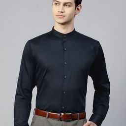 MANQ Men Navy Blue Slim Fit Solid Smart Casual Shirt-image-14