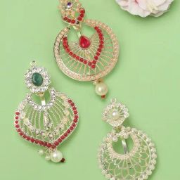 OOMPH Combo of 3 Red Maroon Stones Hair Bun Pin Juda Pin Ethnic Chandbali Style-image-7