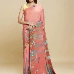 navyasa by liva Coral Floral Print Saree With Unstitched Blouse-picture-40