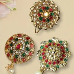 OOMPH Combo of 3 Red Maroon & Green Stones Ethnic Hair Bun Pin Juda Pin Floral Design with Pearls-image-5