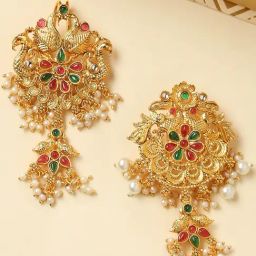 OOMPH Combo of 2 Red Maroon & Green Stones Ethnic Hair Bun Pin Juda Pin Floral Design-image-32