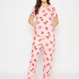 Clovia Pink Cotton Relaxed Fit Floral Print Top & Pyjama-picture-33