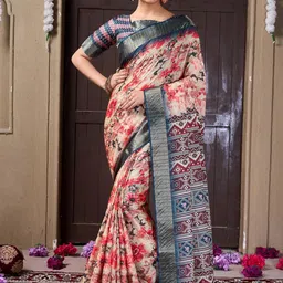 VS MALL Women Peach & Grey Floral Silk Digital Printed Saree With Blouse Piece-image-16