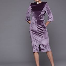 SASSAFRAS Women Purple Solid Velvet Sheath Midi Dress-image-45