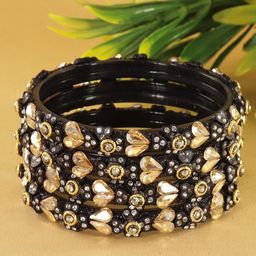 ZULKA Set Of 4 Zircon Gemstones & Kundan Beads Bangles-image-12