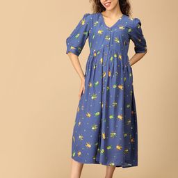 The Mom Store Women MaternityPrint V Neck Puff Sleeves A-Line Midi Dress-image-40