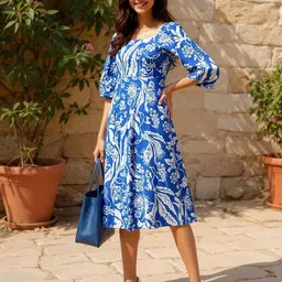 ZUMMER Women Printed Puff Sleeve Square Neck Pure Cotton A-Line Midi Dress-picture-5