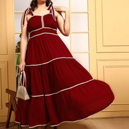 DEEBACO Women Plus Size Solid Shoulder Straps Fit & Flare Maxi Dress-94