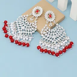 BELWICK Silver-Plated Kundan Studded & Pearls Beaded Contemporary Shaped Chandbalis-48
