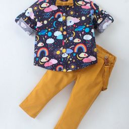 ToffyHouse Cotton Full Sleeves Rainbow Printed Shirt & Trouser Set with Bow Tie & Suspenders - Navy Blue & Gold-picture-47