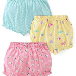 Babyhug 100% Cotton Knit Dot & Flower Print Bloomers Pack of 3- Blue Pink & Yellow-image-20