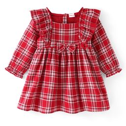 Babyhug Cotton Woven Full Sleeves Checked Frock with Ruffle Detailing & Bow Applique - Red-image-24