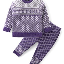 Babyhug Knit Full Sleeves Sweater Set with Aztec Design - Purple-image-57
