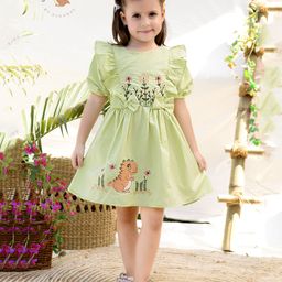 Tiny Twills Half Sleeves Floral Embroidered Dress - Pista Green-image-12