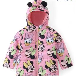 Babyoye Disney Woven Full Sleeves Hooded Padded Jacket With Minnie Mouse Graphics & Ears Applique - Pink-image-1