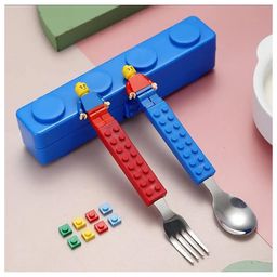 Ji and Ja Colourful Blocks Playful Design Tableware Feeding Spoon and Fork Set Perfect for Kids Breakfast School Lunch Box Meal Dinner-6