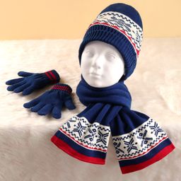 Pine Kids Woollen Cap Muffler & Mittens Sets with Aztec Design - Navy Blue & White-image-23