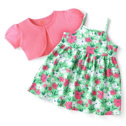 Babyhuhg Cotton Knit Half Puffed Sleeves Shrug & Floral Printed Frock - Light Green-image-15