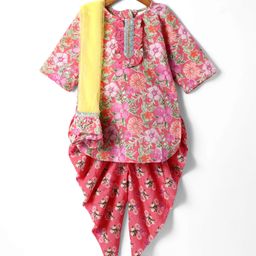 Saka Designs Cotton Woven Three Fourth Floral Printed Kurta Salwar Set with Dupatta & Lace Detailing - Peach & Pink-image-50