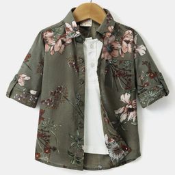 Rikidoos Full Sleeves Floral Printed Shirt With Attached Tee - Olive Green & White-image-41
