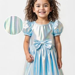 Babyoye Woven Half Sleeves Party Dress With Bow Applique - Light Blue-picture-5