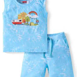 Babyhug Single Jersey Knit Sleeveless Co-ords T-Shirt & Shorts Set with Camping Print - Light Blue-image-84