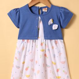 Dew Drops Poplin Woven Half Sleeves Frock With Tropical Print & Bow Applique - Navy Blue & Peach-image-95