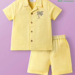 Babyoye Cotton Linen Woven Half Sleeves Shirt & Shorts Set With Tree Embroidery - Yellow-image-73