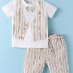 WOW Clothes Cotton Knit Half Sleeves Waistcoat Attached T-Shirt & Shorts Set with Bow Applique & Stripes - Tan-image-24