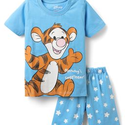 Babyhug Disney Single Jersey Knit Half Sleeves Shorts Night Suit With Winnie The Pooh Tiger Graphics - Light Blue-image-98