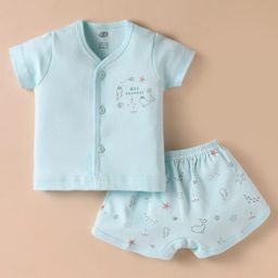 Zero Interlock Knit Half Sleeves Shorts Night Suit With Sea Animals Print - Aqua Blue-image-90