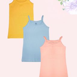 Kiddopanti Cotton Pack Of 3 Sleeveless Solid Camisoles - Peach Mustard & Blue-image-91