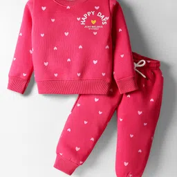 Smarty Girls Fleece Knit Full Sleeves Co-ords Winter Wear Night Suit With Hearts Print - Dark Pink-picture-30