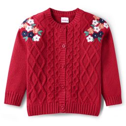 Babyhug Knitted Full Sleeves Front Open Sweater with Floral Embroidery - Red-image-78