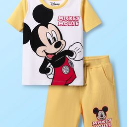 Babyhug Disney Single Jersey Knit Half Sleeves T-Shirt & Short Set With Mickey Mouse Print - Yellow & White-image-71