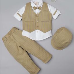 Rikidoos Full Sleeves Striped 3 Piece Coordinating Party Suit Set With Bow & Cap - Fawn & White-picture-21