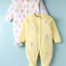 ToffyHouse Interlock Knit Full Sleeves Footed Sleep Suits with Animal Print & Embroidery Pack of 2 - Yellow & White-picture-4