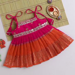Many frocks & Cotton Woven Sleeveless Floral Foil Printed Gota Lace Embellished Dress - Pink & Orange-image-87