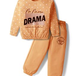 Olio Kids Looper Knit Full Length Polka Dots & Text Printed Winter Wear Sweatshirt & Pant Set - Orange-image-55