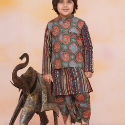 KID1 Cotton Woven Full Sleeves Abstract & Floral Printed Dhoti Kurta With Jacket - Green & Multi Colour-image-55