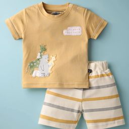 Mini Taurus Interlock Knit Half Sleeves Tshirt & Shorts Set with Animal Patch & Stripe Design - Mustard-image-7
