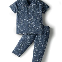 Pink Rabbit Single Jersey Knit Half Sleeves Co-ords Night Suit with Star Print - Navy Blue-image-10