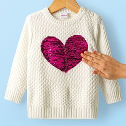 Babyhug Knitted Full Sleeves Pullover Sweater With Reversible Sequins - White-picture-49
