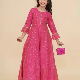 Bitiya By Bhama Silk Woven Three Fourth Bell Sleeves Ethnic Foil Printed Gota Lace Embellished Dress - Pink-picture-22