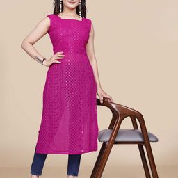 PARROT CREATION Paisley Chikankari Sequinned Square Neck Sleeveless Straight Kurta-image-98