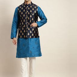SOJANYA Men Blue Mirror Work Kurta with Pyjamas & Nehru Jacket-18