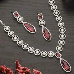 Saraf RS Jewellery Silver Rhodium Red Zircon Pearl Beaded Designer Jewellery Set-image-74